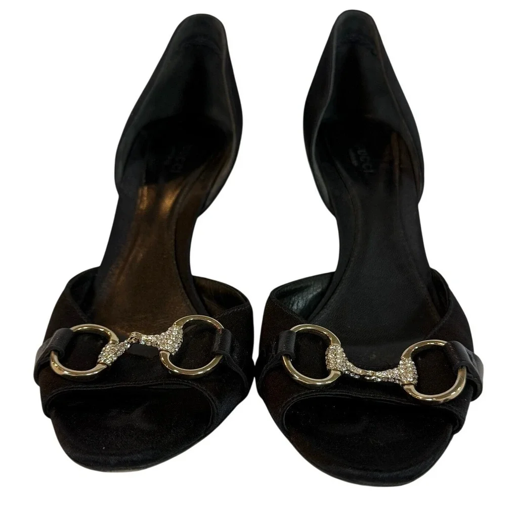 Gucci Black Satin Horsebit Crystal D'Orsay Open Toe Heels 9.5B Made in Italy